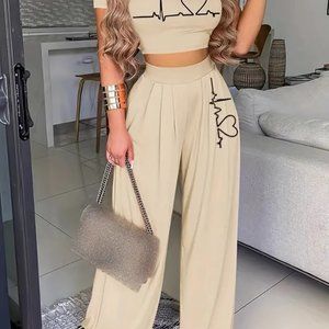 Boho Summer Two Piece Cropped T-shirt & High Waist Wide Leg Outfit NWOT